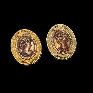 Vintage Etruscan Bronze and Gold Plated Clip-On Cameo Earrings from the 1970s